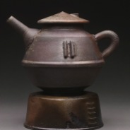 Teapot and Base, Wood Fired Reduction Cooled Stoneware, 7x6x5